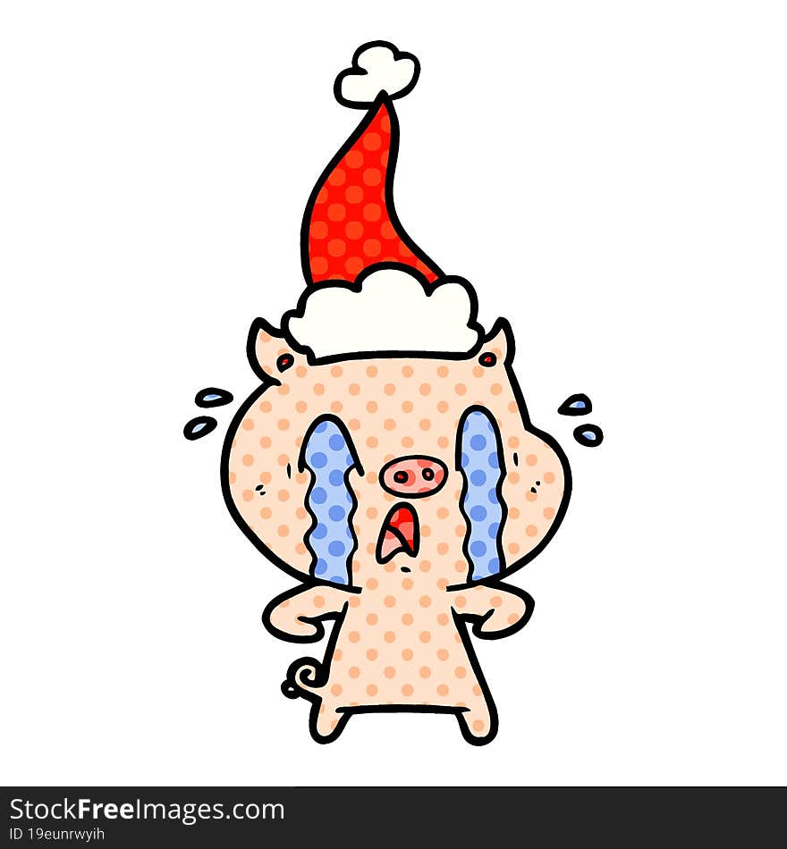 crying pig comic book style illustration of a wearing santa hat