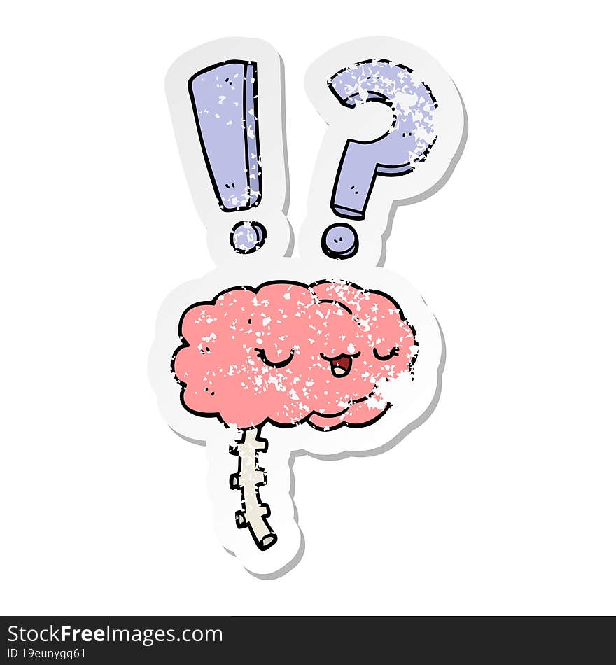 Distressed Sticker Of A Cartoon Curious Brain