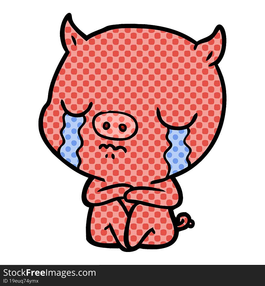 cartoon sitting pig crying. cartoon sitting pig crying