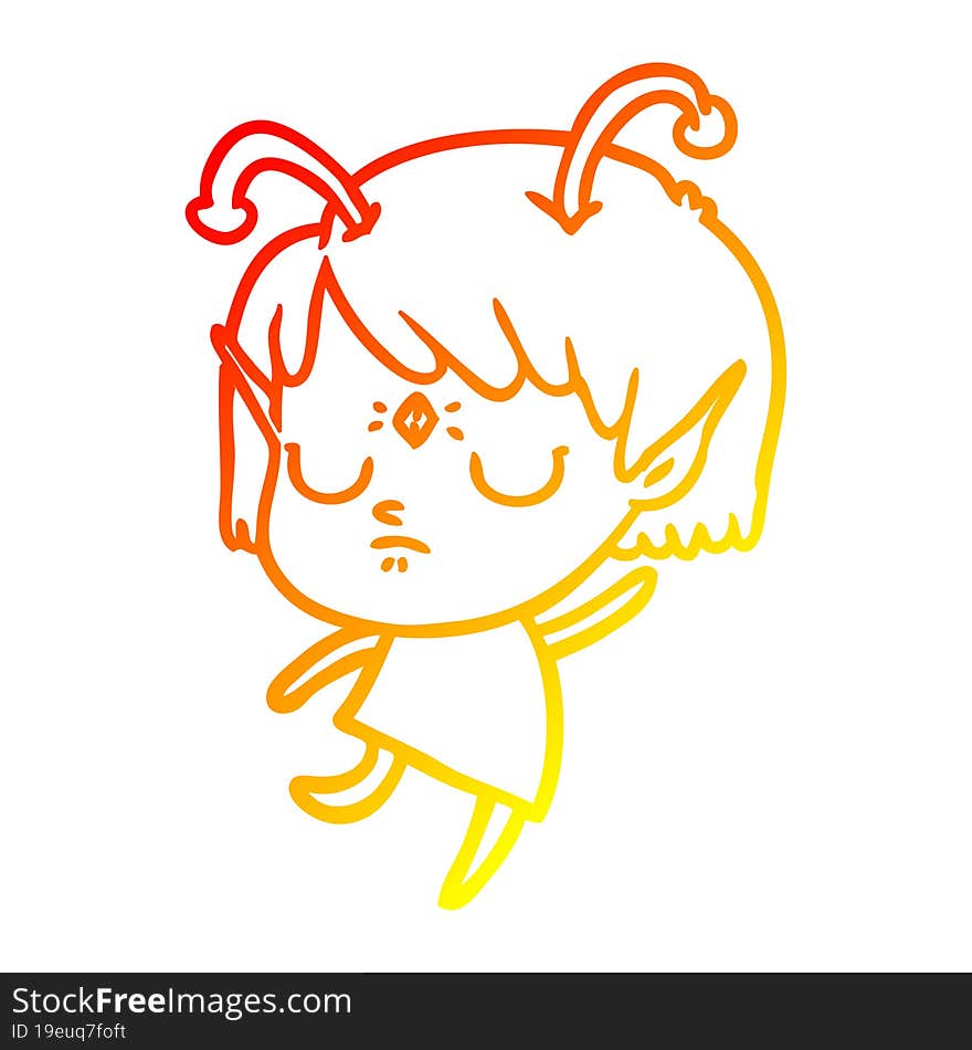 warm gradient line drawing of a cartoon alien girl