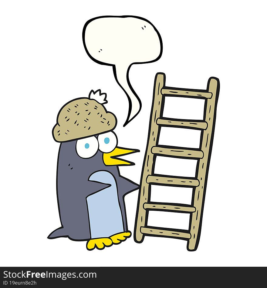 speech bubble cartoon penguin with ladder