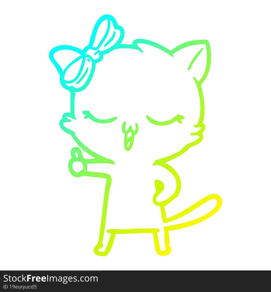 cold gradient line drawing of a cartoon cat with bow on head