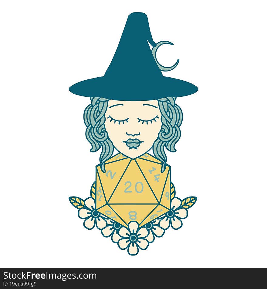 Human Witch With Natural Twenty Dice Roll Illustration