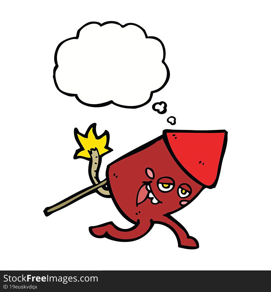 cartoon funny firework character with thought bubble