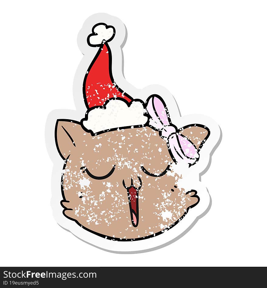 distressed sticker cartoon of a cat face wearing santa hat