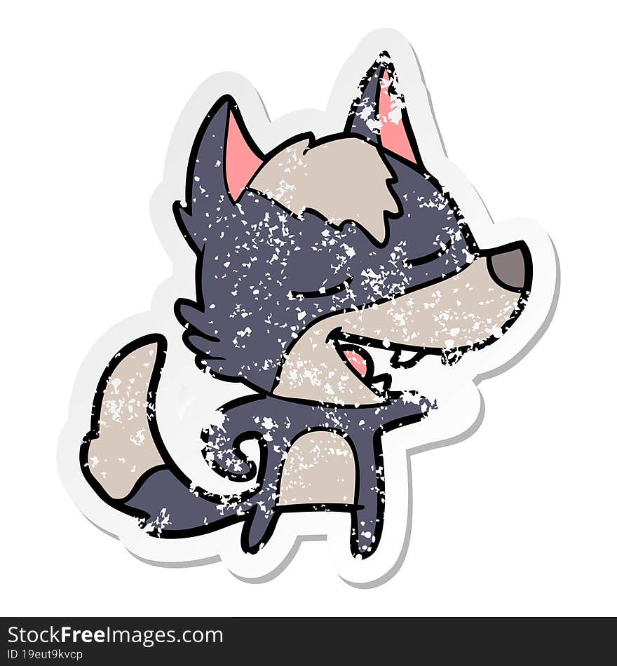 distressed sticker of a cartoon wolf laughing