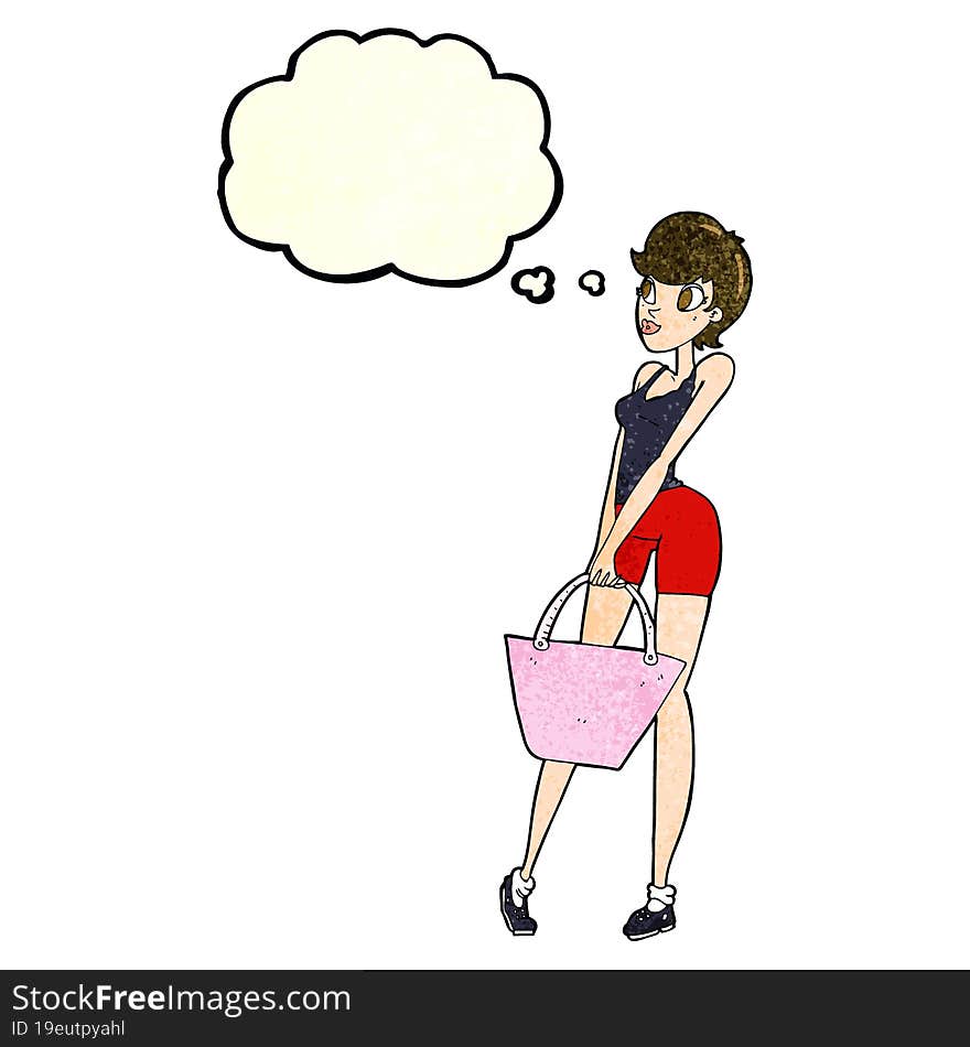 cartoon attractive woman shopping with thought bubble