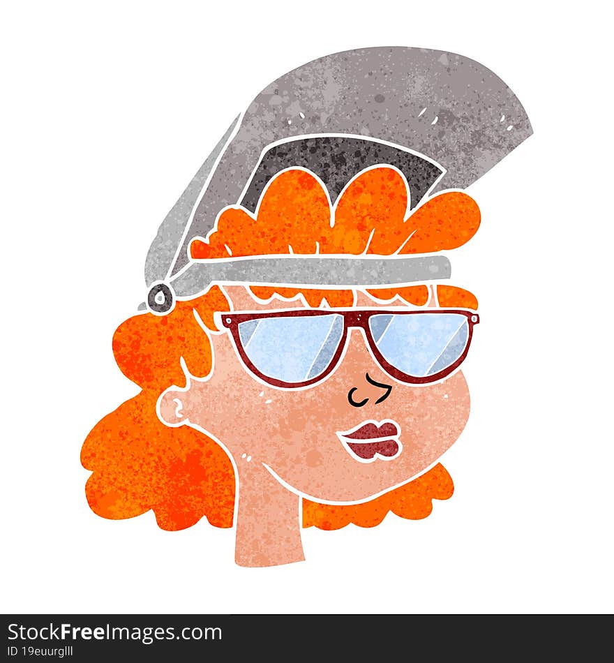 Freehand retro cartoon woman with welding mask and glasses