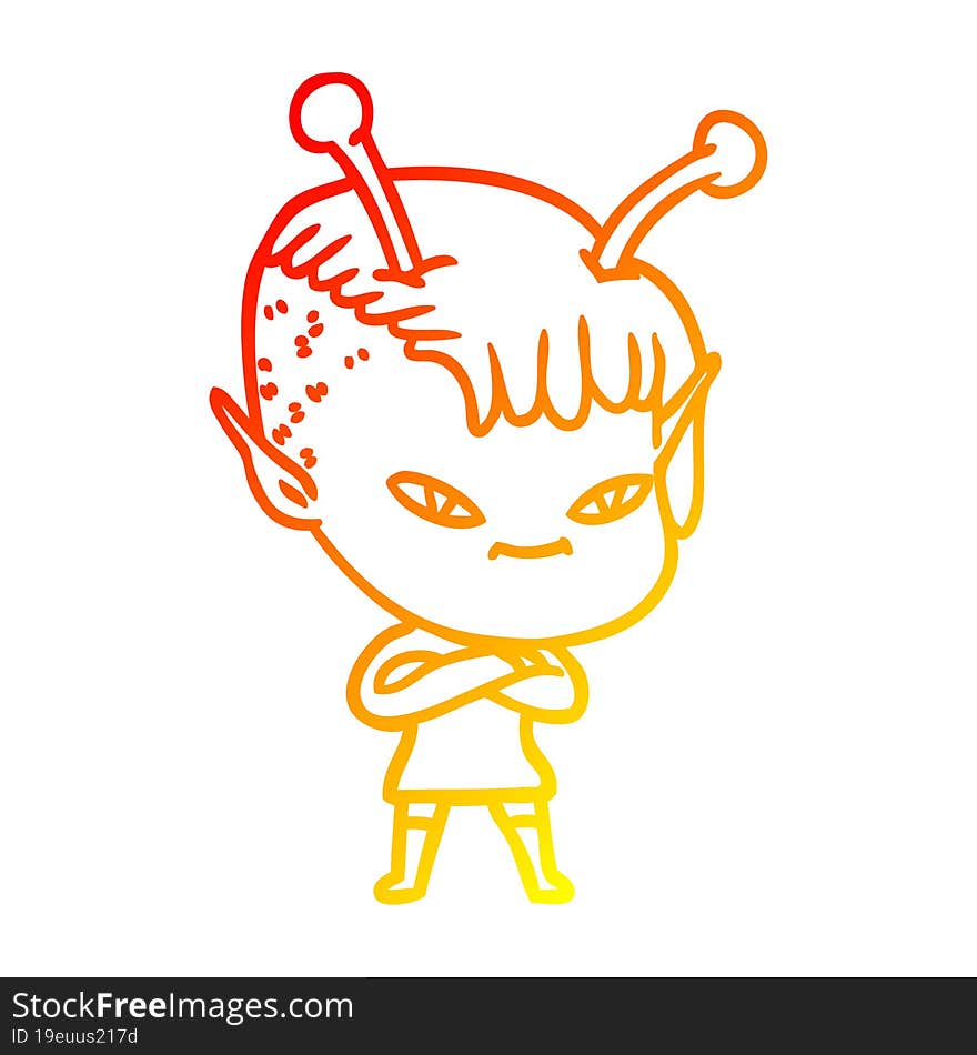 warm gradient line drawing of a cute cartoon alien girl