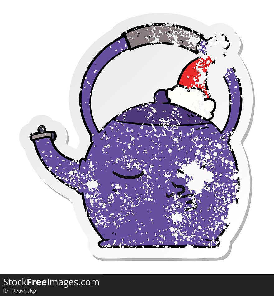 Distressed Sticker Cartoon Of A Kettle Wearing Santa Hat