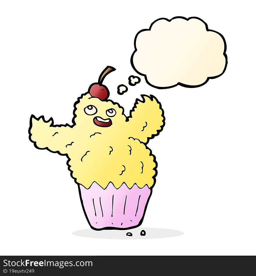 cartoon cupcake monster with thought bubble