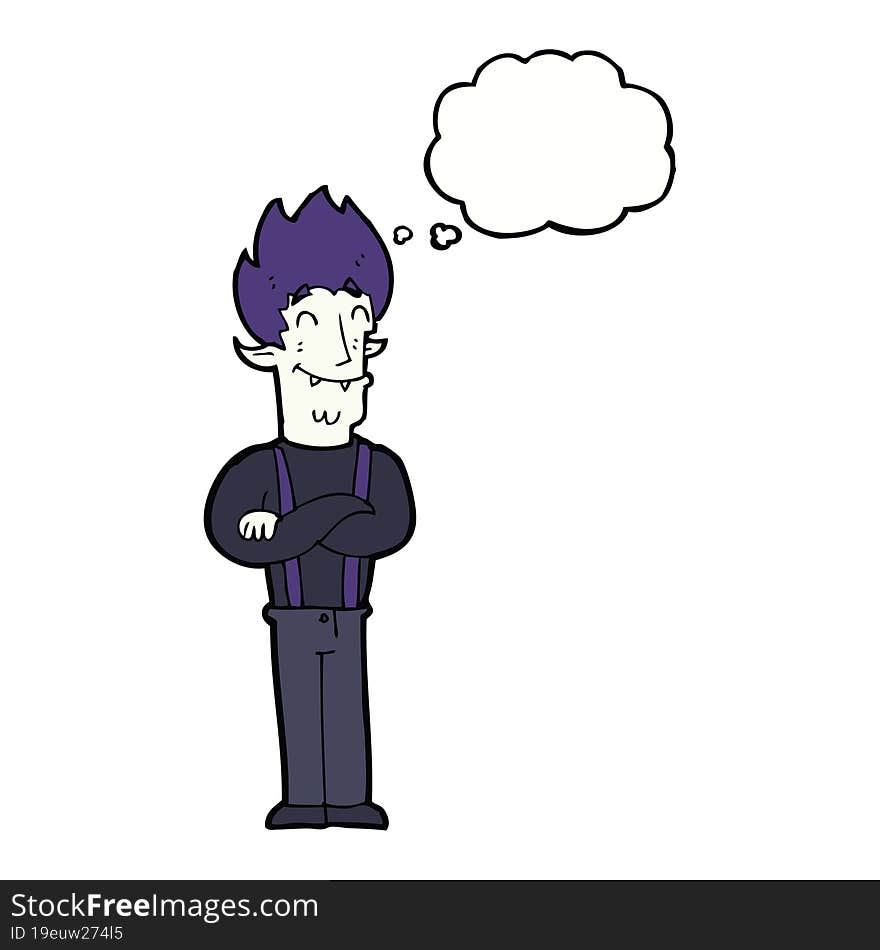 cartoon happy vampire man with thought bubble