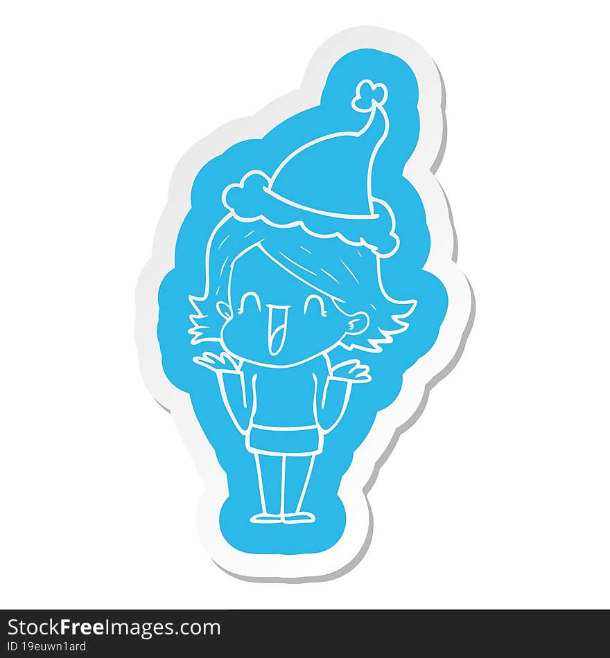 cartoon  sticker of a happy woman wearing santa hat