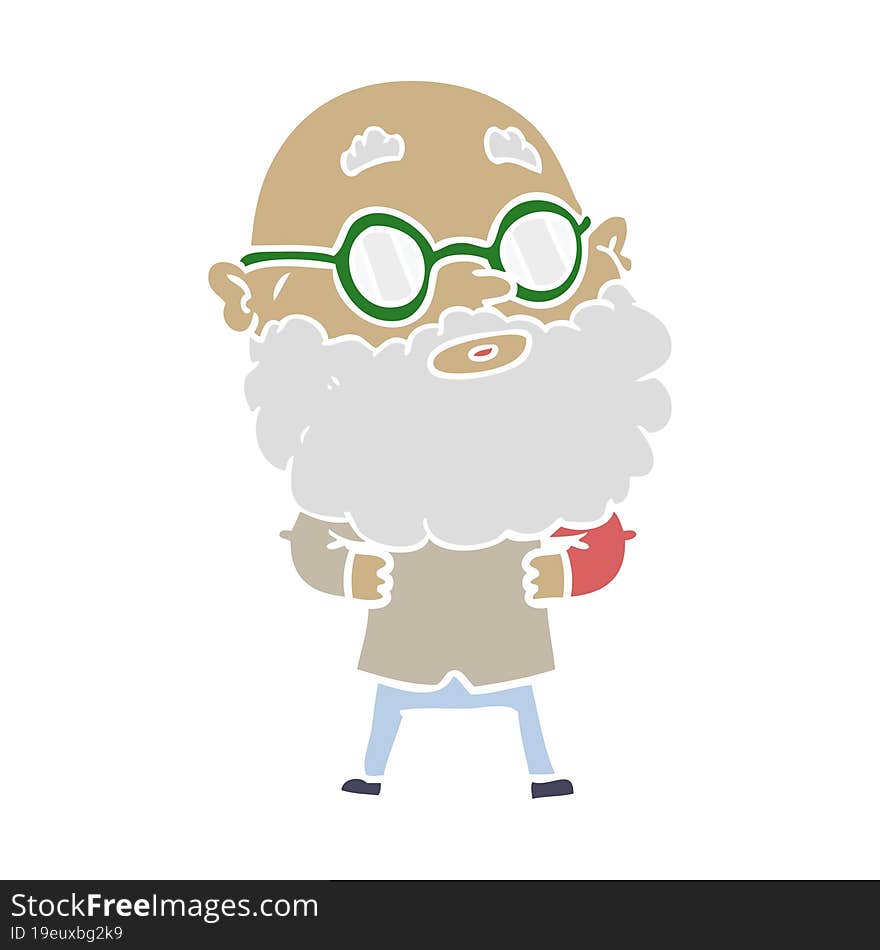 flat color style cartoon curious man with beard and glasses