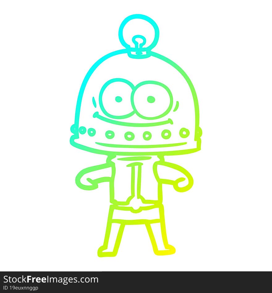 cold gradient line drawing happy carton robot with light bulb