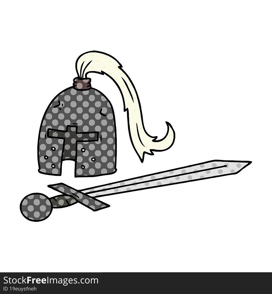 Cartoon Doodle Of A Medieval Helmet And Sword