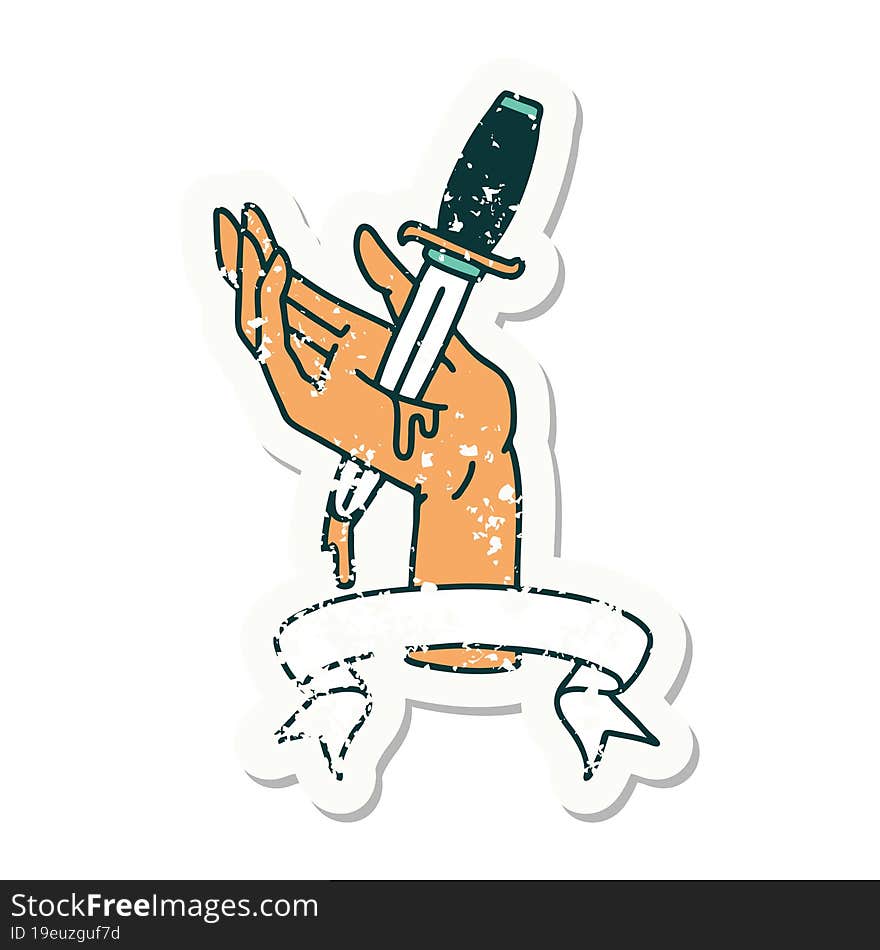 grunge sticker with banner of a dagger in the hand