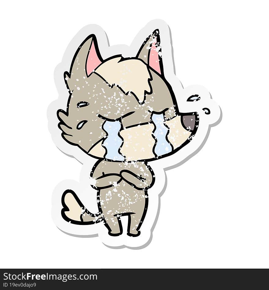 distressed sticker of a cartoon crying wolf