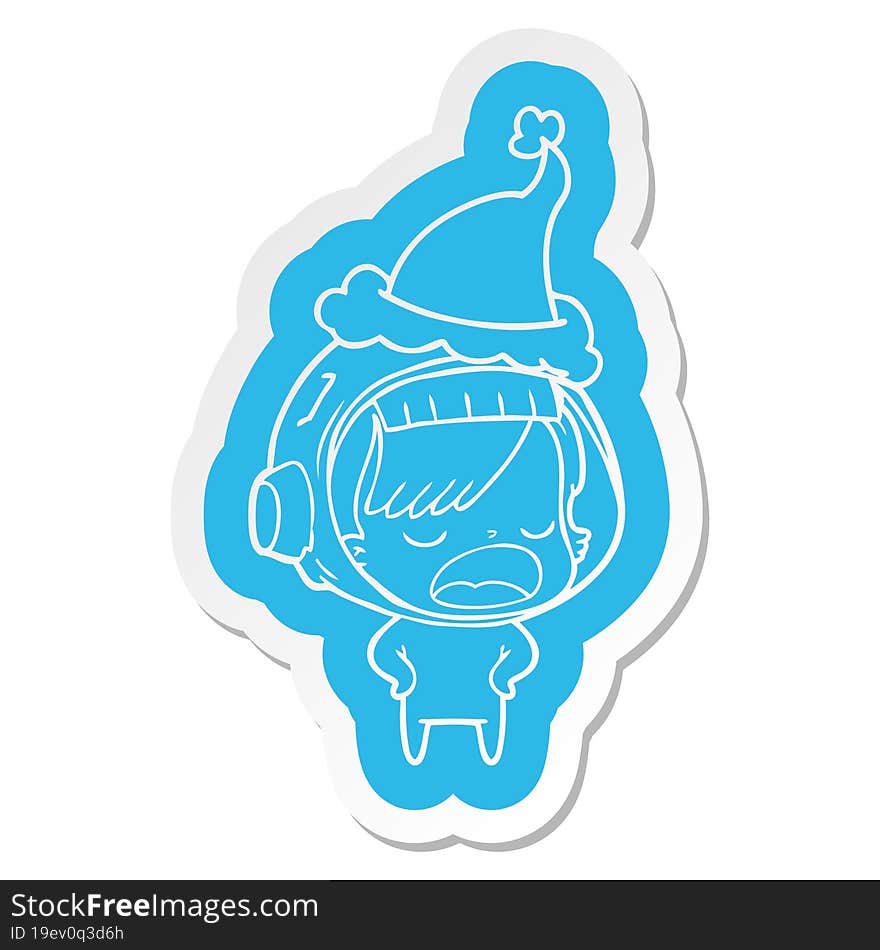 cartoon  sticker of a astronaut woman explaining wearing santa hat