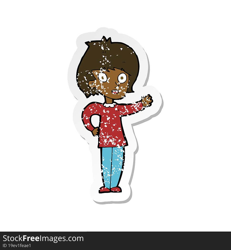 Retro Distressed Sticker Of A Cartoon Happy Woman