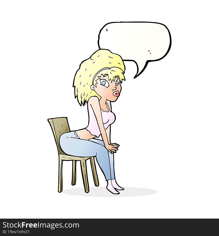 cartoon woman posing on chair with speech bubble