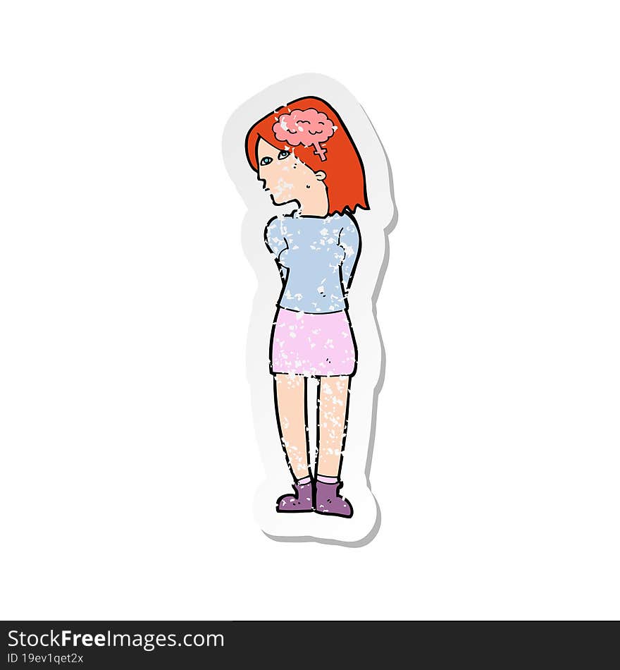 Retro Distressed Sticker Of A Cartoon Brainy Woman