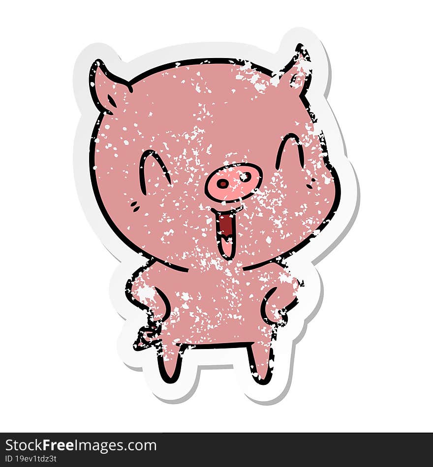 distressed sticker of a happy cartoon pig