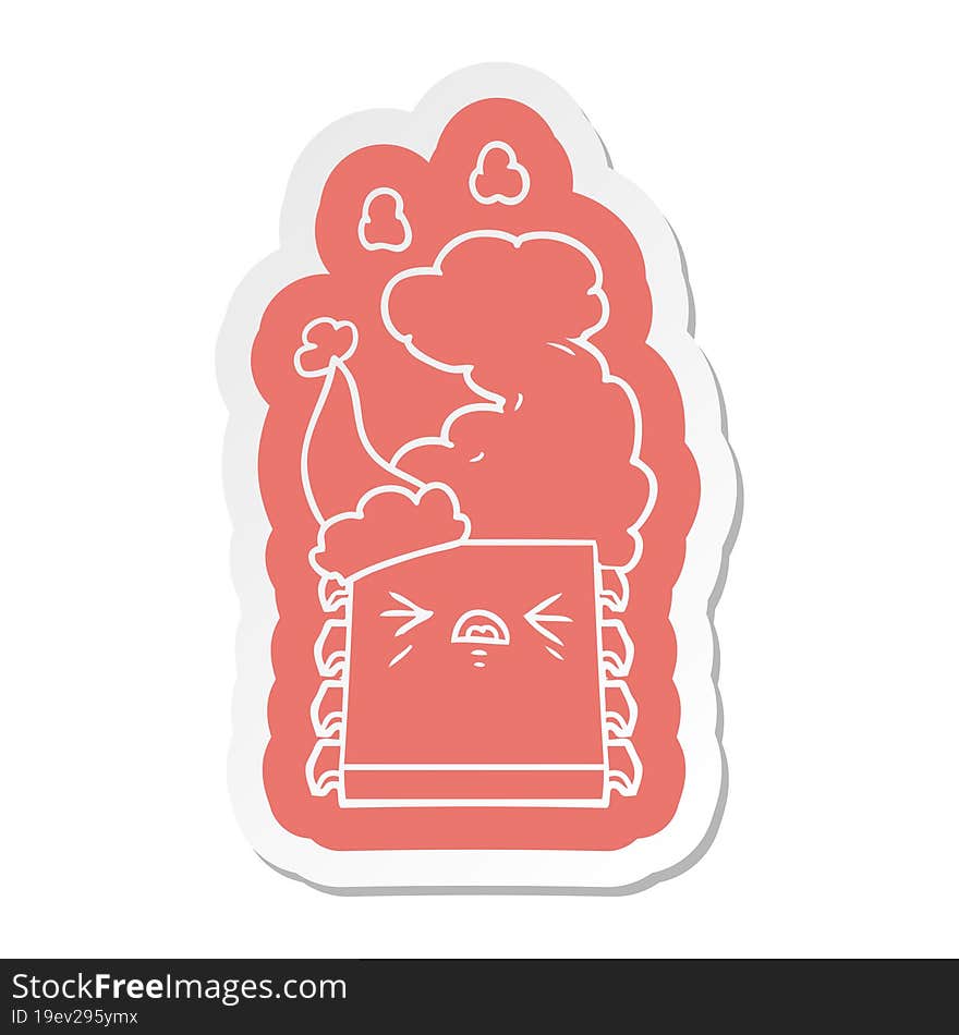 quirky cartoon  sticker of a overheating computer chip wearing santa hat