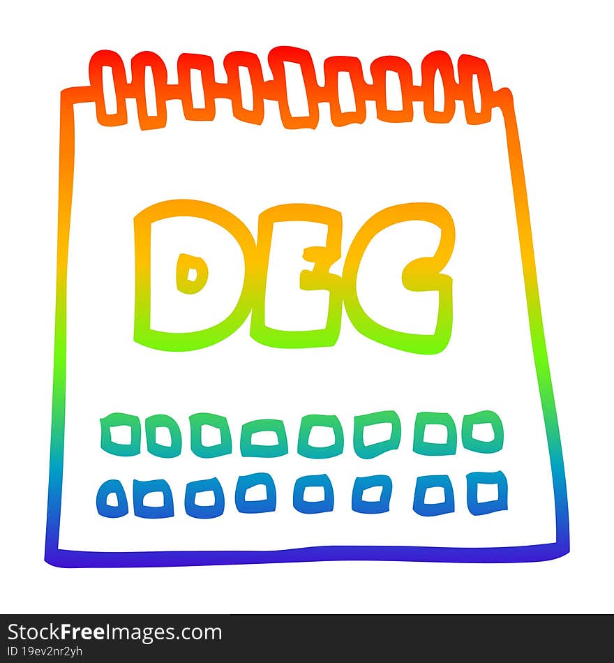 rainbow gradient line drawing of a cartoon calendar showing month of december