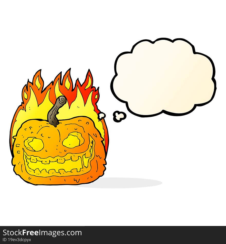 cartoon spooky pumpkin with thought bubble