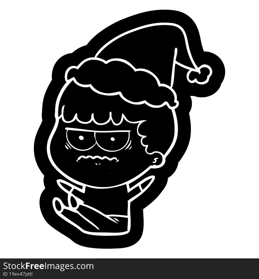 quirky cartoon icon of a annoyed man wearing santa hat