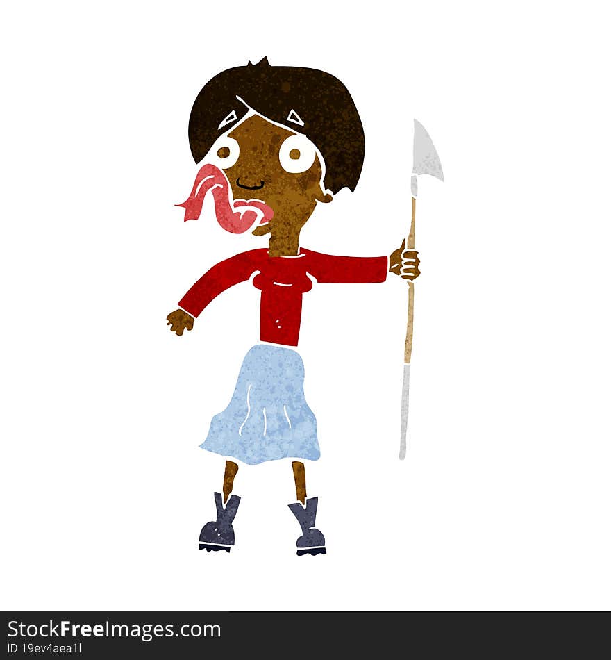 cartoon woman with spear sticking out tongue