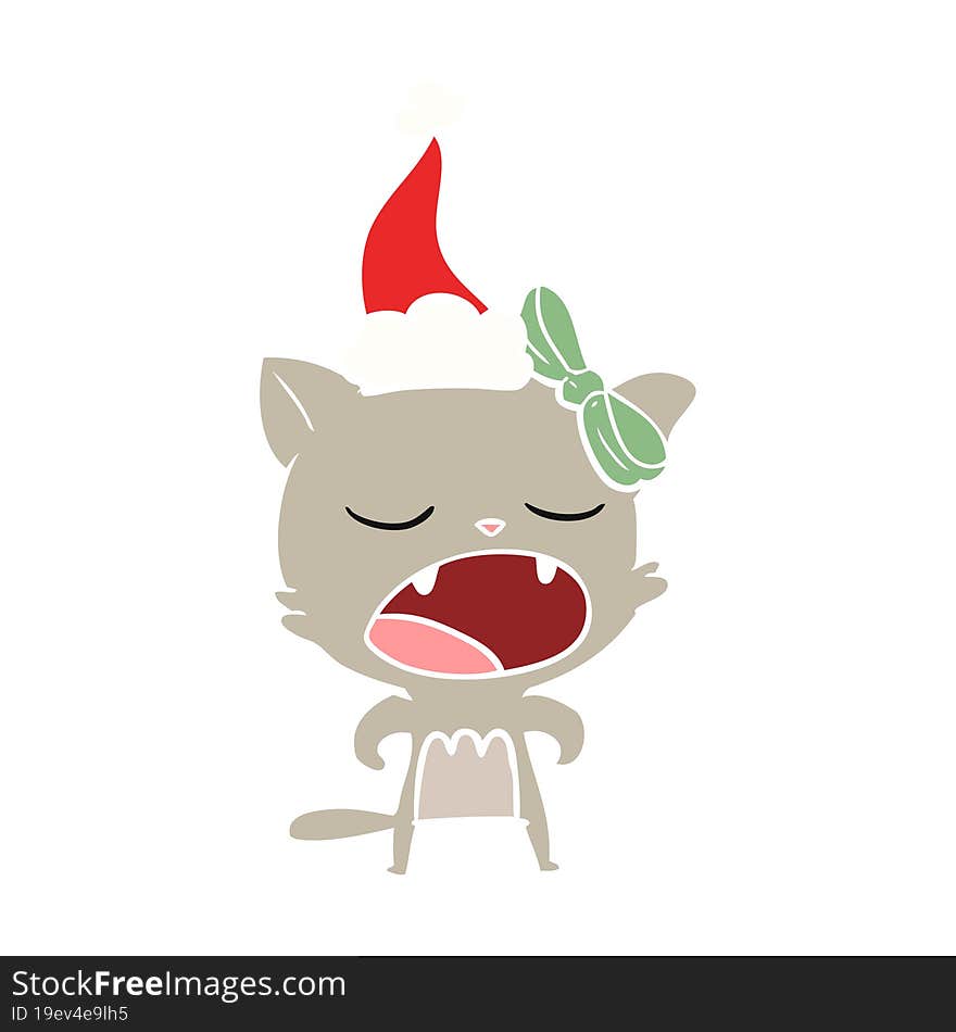 flat color illustration of a cat meowing wearing santa hat