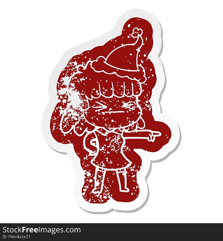 quirky cartoon distressed sticker of a woman wearing santa hat