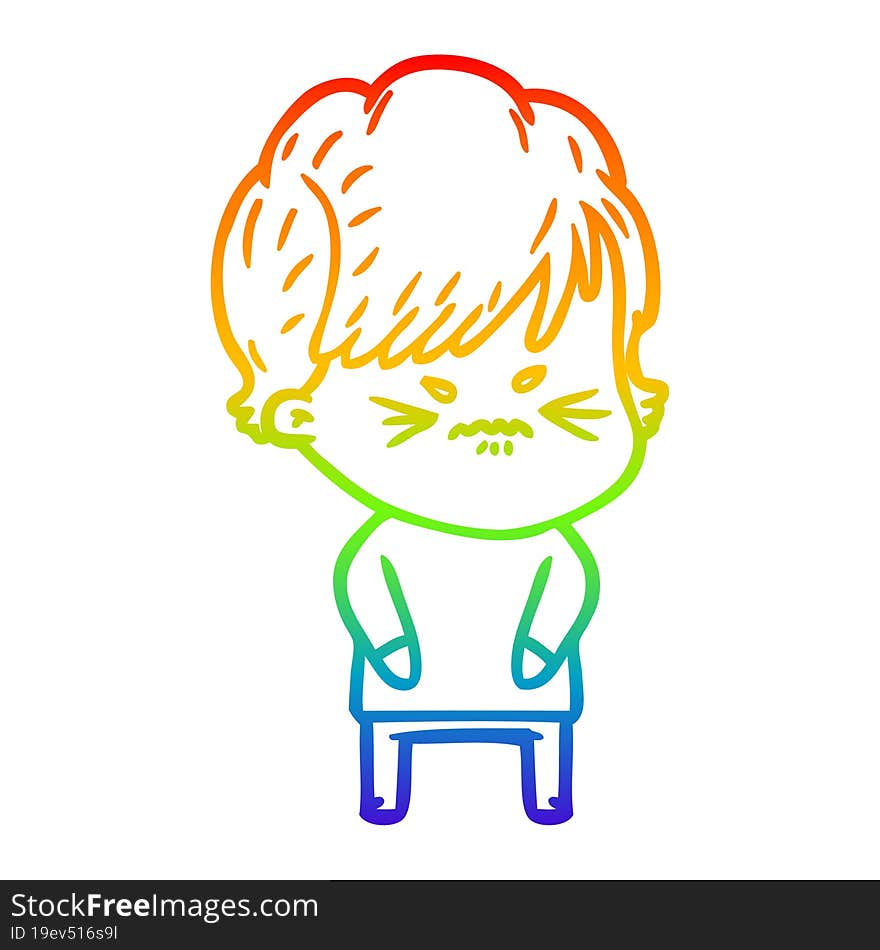 Rainbow Gradient Line Drawing Cartoon Frustrated Woman