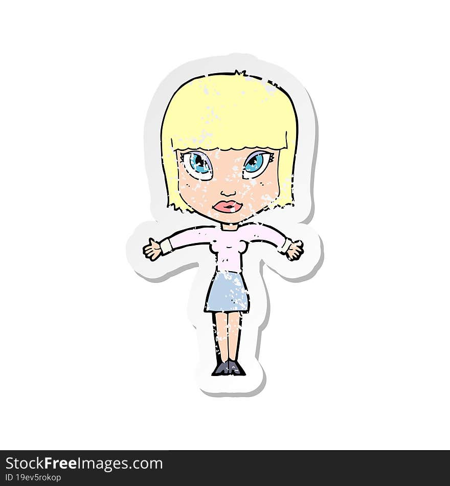 retro distressed sticker of a cartoon woman shrugging