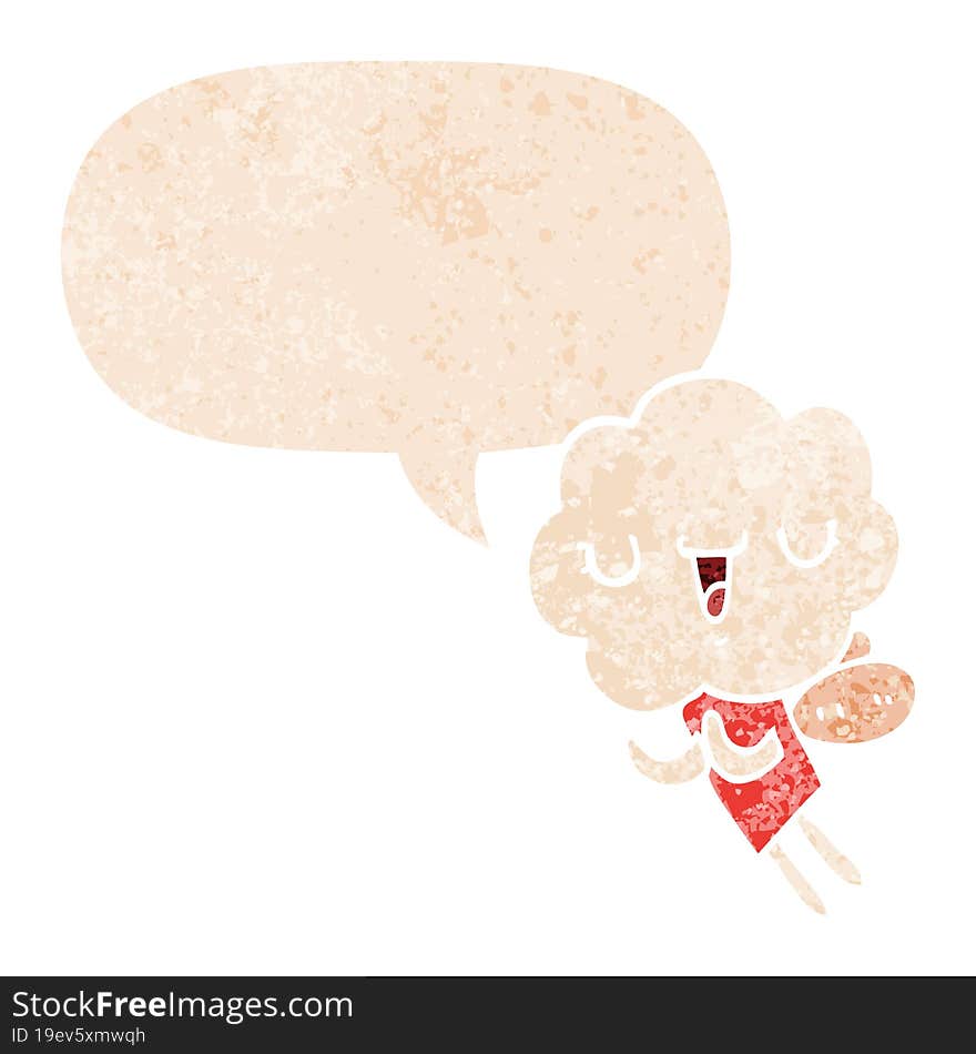 cute cartoon cloud head creature and speech bubble in retro textured style