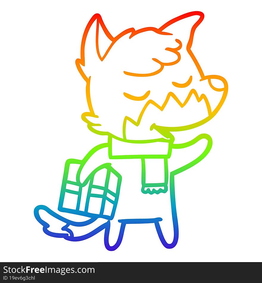 rainbow gradient line drawing friendly cartoon fox with christmas present