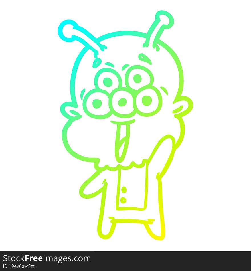 cold gradient line drawing of a happy cartoon alien