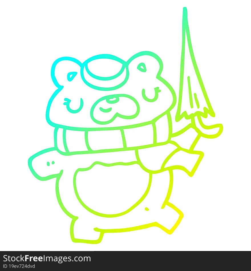 cold gradient line drawing of a cartoon bear with umbrella