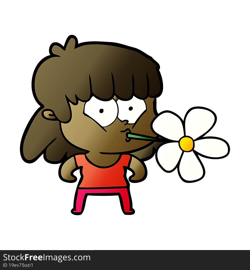 cartoon girl with flower in mouth. cartoon girl with flower in mouth