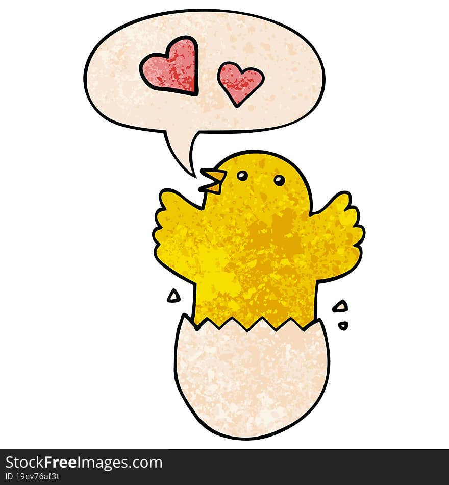 cute hatching chick cartoon with speech bubble in retro texture style