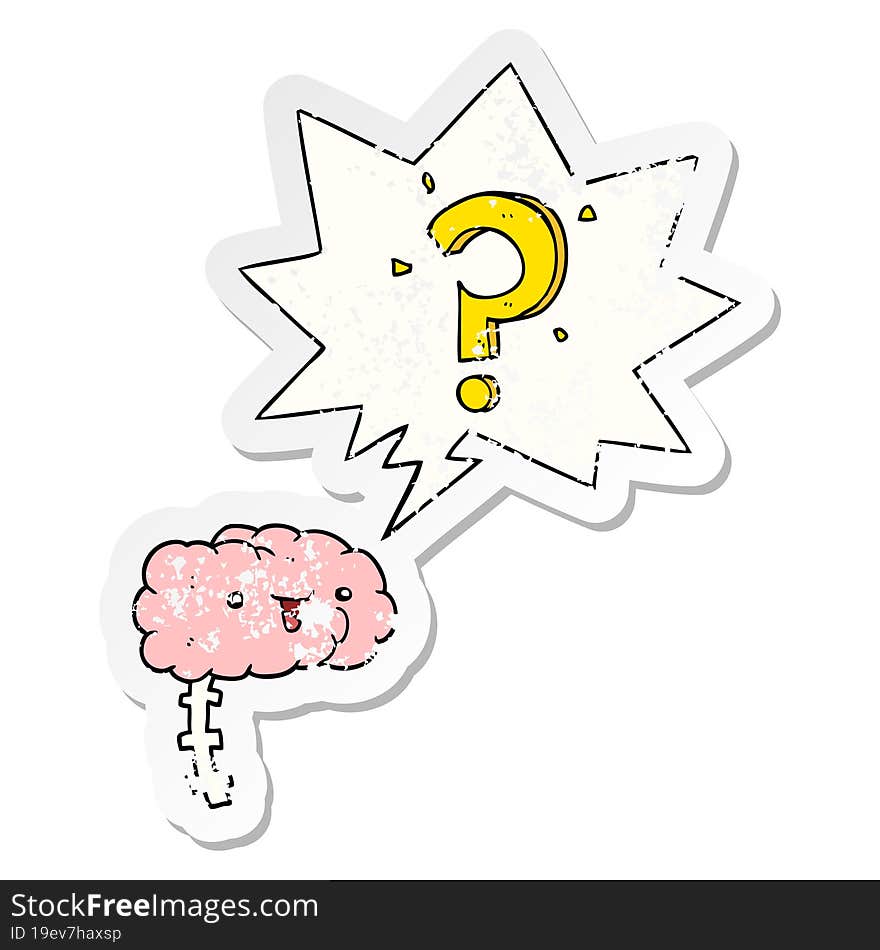 cartoon curious brain and speech bubble distressed sticker