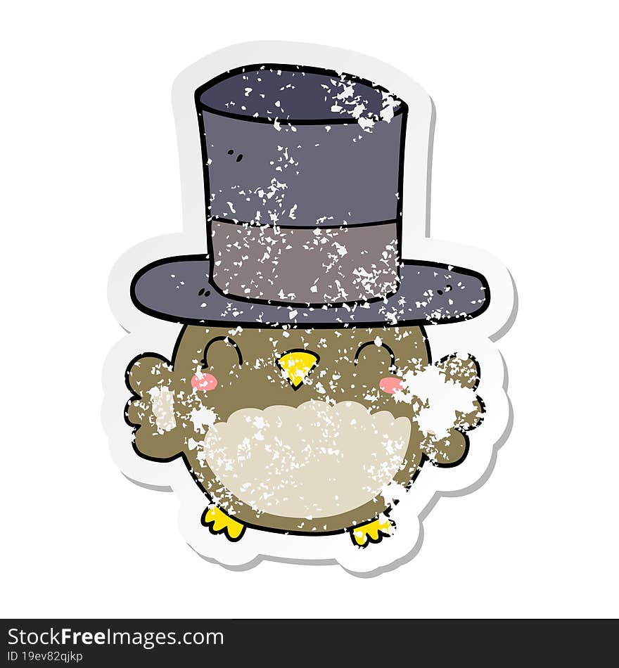 distressed sticker of a cartoon owl wearing top hat