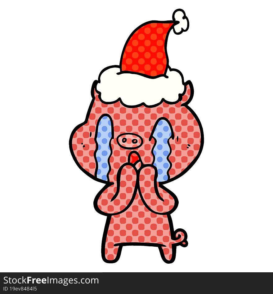 crying pig comic book style illustration of a wearing santa hat