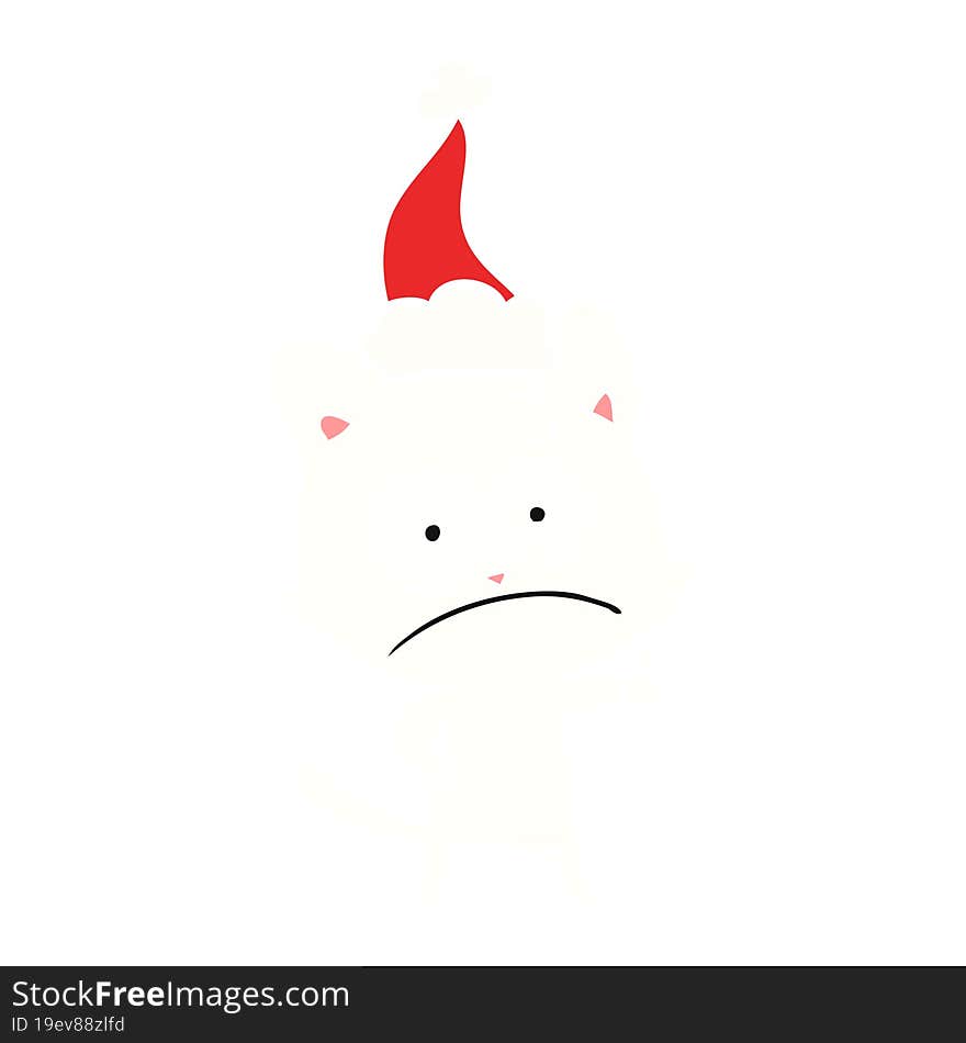 flat color illustration of a nervous cat wearing santa hat