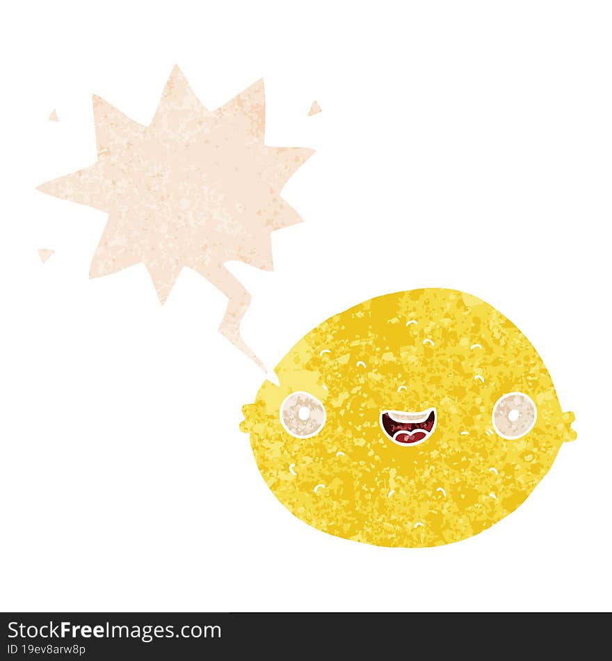 cartoon lemon and speech bubble in retro textured style