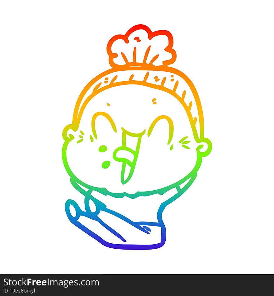 rainbow gradient line drawing of a cartoon happy old woman