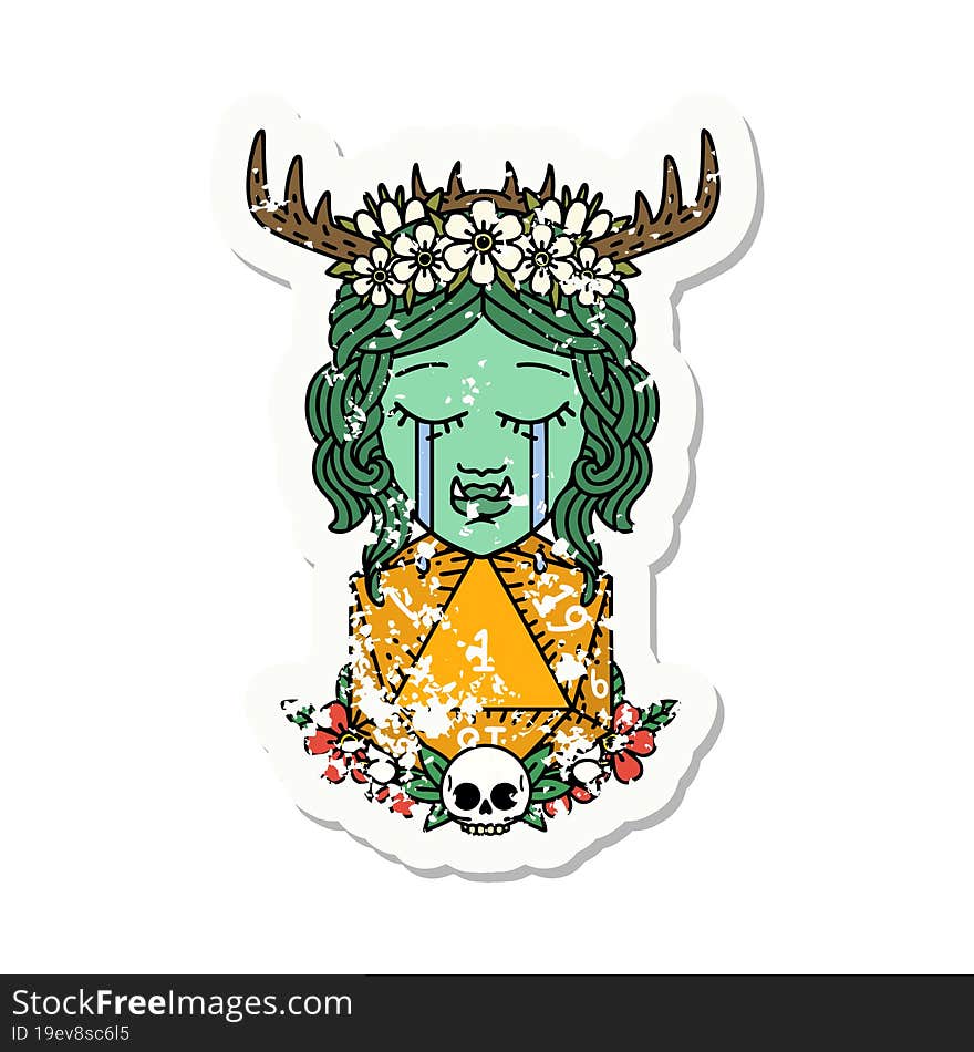 sad half orc druid character with natural one dice roll grunge sticker