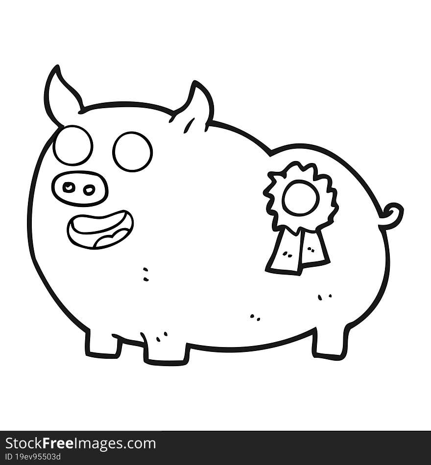 freehand drawn black and white cartoon prize winning pig